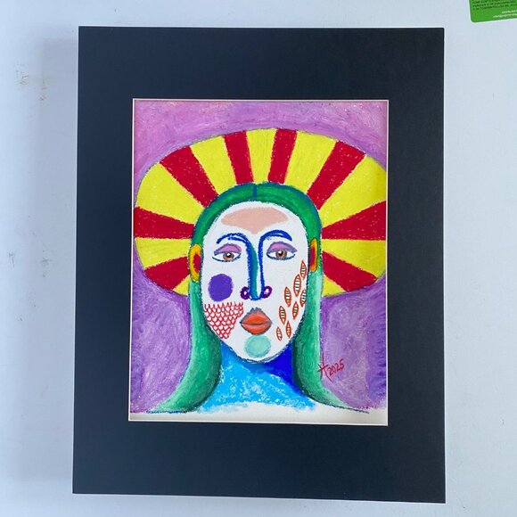 Halo Portrait Original Colorful Oil Pastel Drawing Wall Art 11x14in Matted - Picture 2 of 7